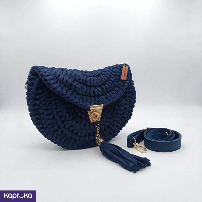 Handcrafted Crochet Half Moon Shoulder Bag Navy Blue