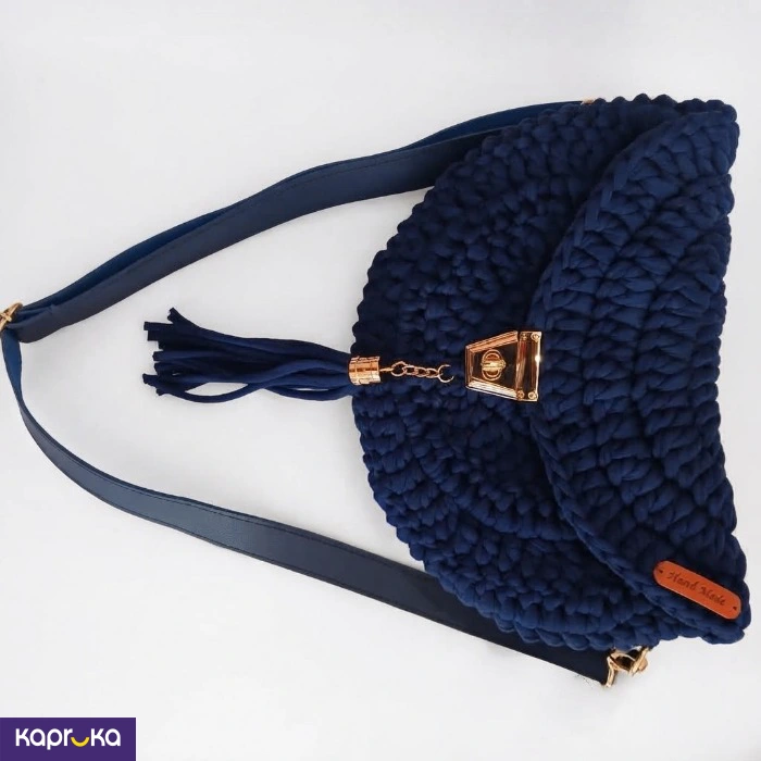 Handcrafted Crochet Half Moon Shoulder Bag Navy Blue