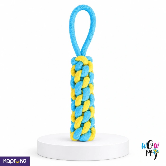 Braided Blue And Yellow Rope Dog Toy With Loop Handle