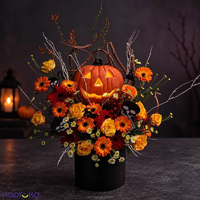 Pumpkin Spell Halloween Flower Arrangement With 10 Orange Gerberas 8 Yellow Roses