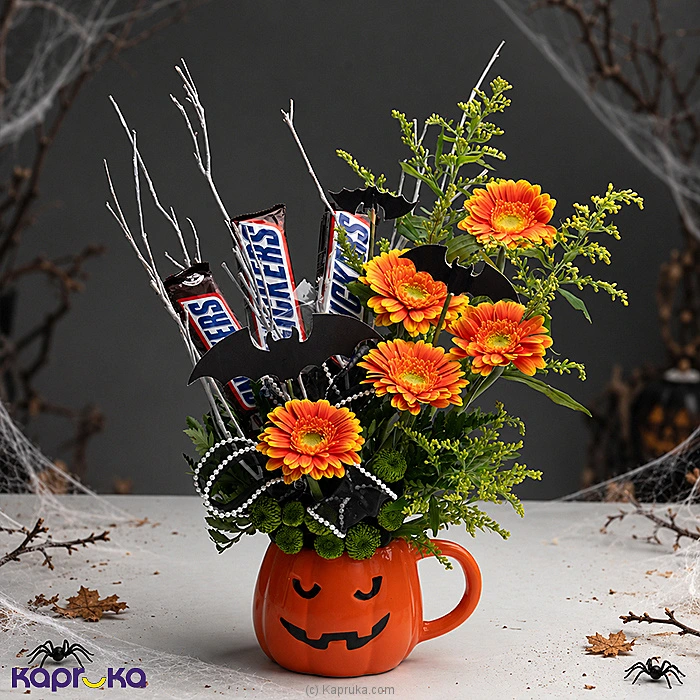 Spooky Sips 5 Orange Gerberas Snickers Halloween Chocolate Mug Gift