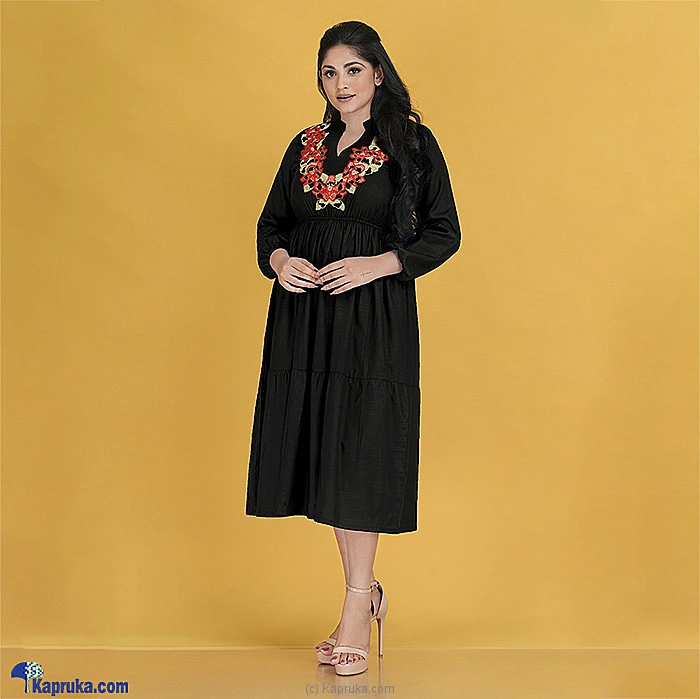 Black Slab Linen Flower Necklace Embroidery Dress
