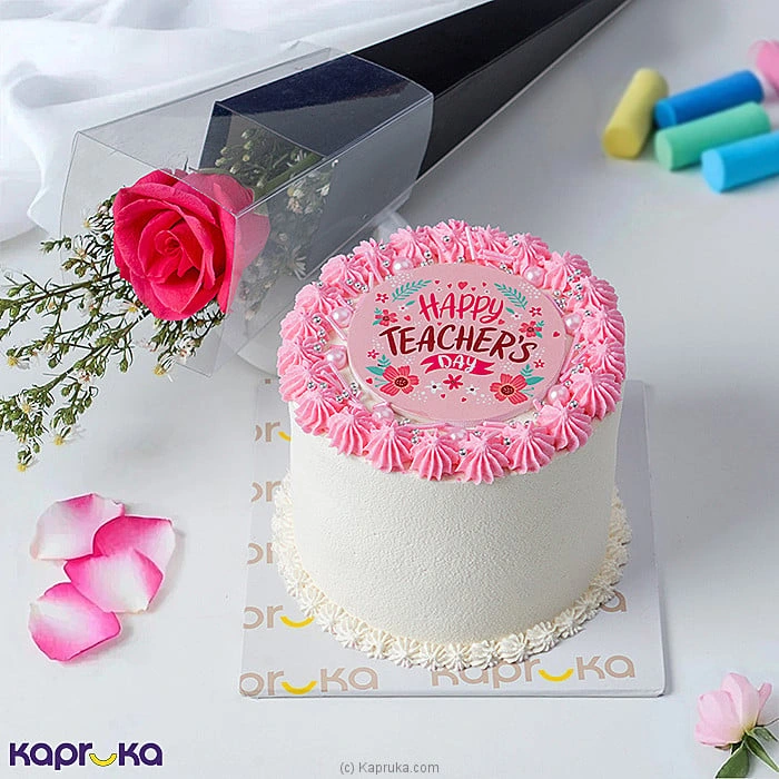 Blush Of Appreciation - Teachers Day Gift Set With A Pink Rose And A Ribbon Cake