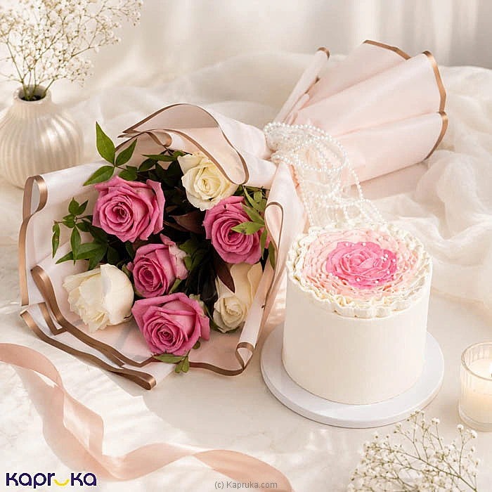 Blush And Cream Bento Cake And Rose Bouquet Combo