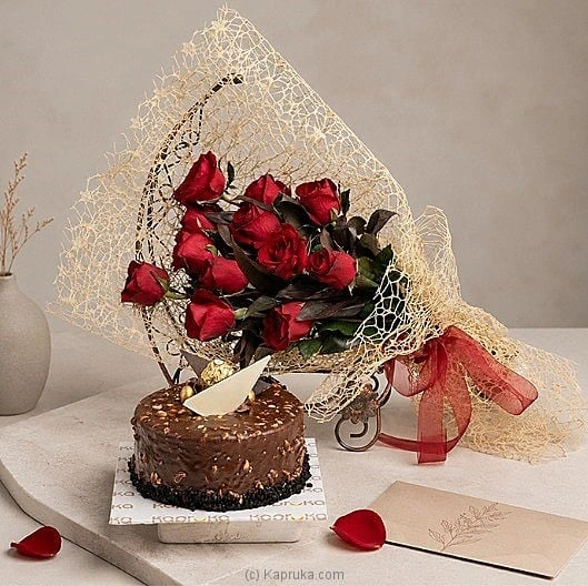 Golden Crunch Gateux Cake Rose Luxury Combo With Flower Bouquet
