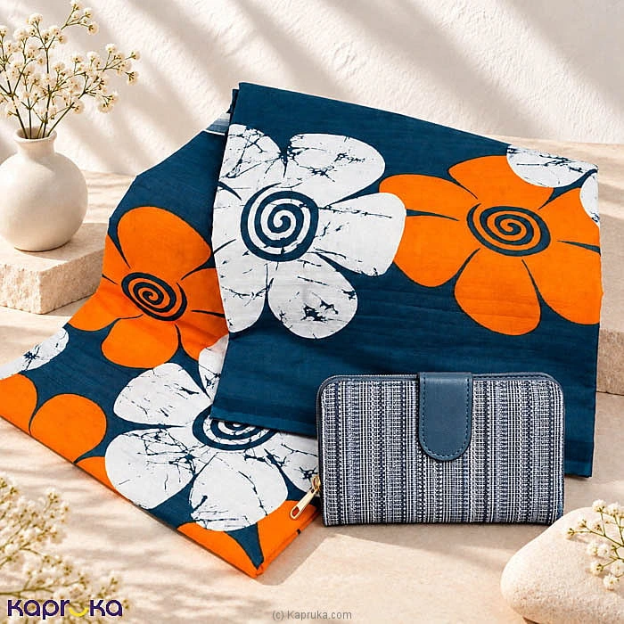 Elegant Blue Orange Floral Saree Wallet Combo