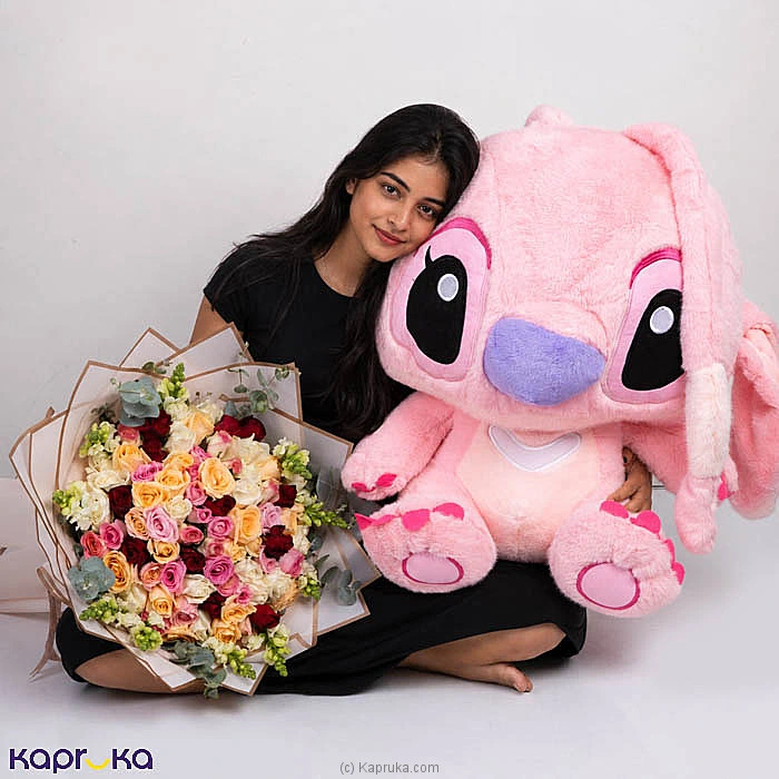 Grand Angelic Bloom Combo With 75 Fresh Mixed Roses Bouquet And Giant 70cm Mink Stitch Angel