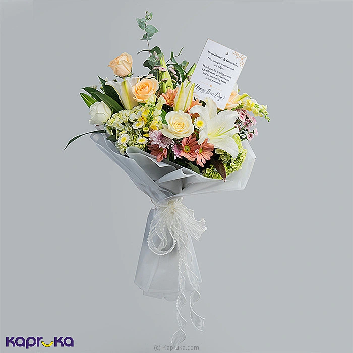 Regal Grace White Tiger Lily Peach Rose Boss Day Flower Bouquet