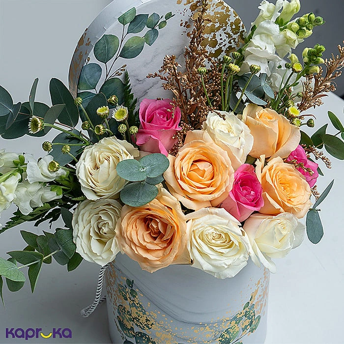 Pastel Charm Peach, Pink White Rose Flower Arrangement