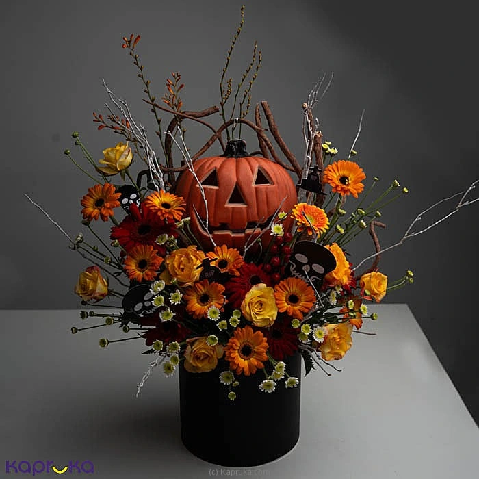 Pumpkin Spell Halloween Flower Arrangement With 10 Orange Gerberas 8 Yellow Roses