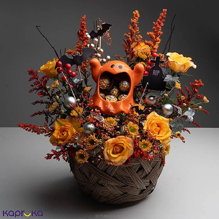 Golden Haunt 6 Yellow Roses Ferrero Rocher Halloween Gift Arrangement