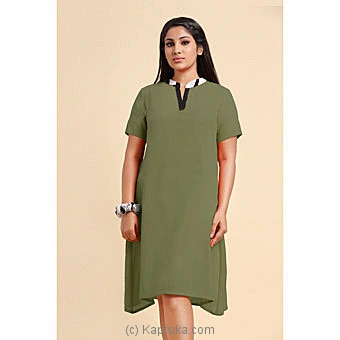 Soft Cotton Short Dress With Batik Collar Jungle Green