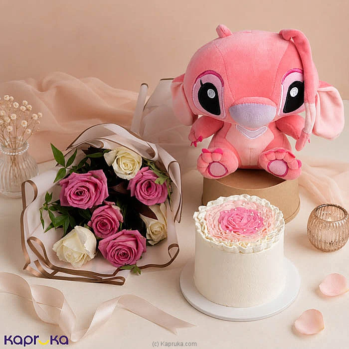 Blushing Stitch Angel Teddy And Rose Elegance Combo With Bento Ribbon Cake And Flower Bouquet