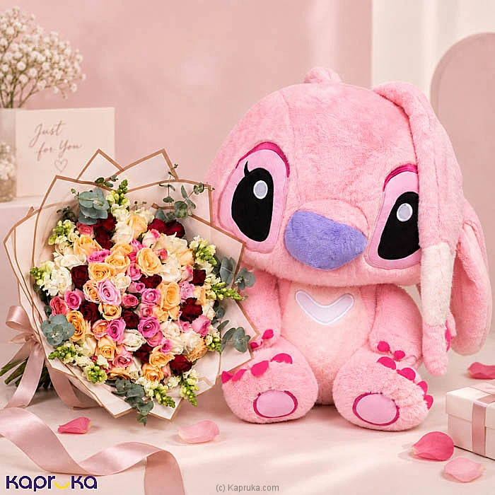 Grand Angelic Bloom Combo With 75 Fresh Mixed Roses Bouquet And Giant 70cm Mink Stitch Angel